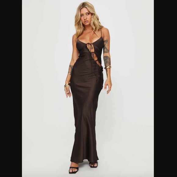 Revolve Lioness About a Girl Brown Satin Tie Front Maxi Dress XXS - Picture 1 of 14